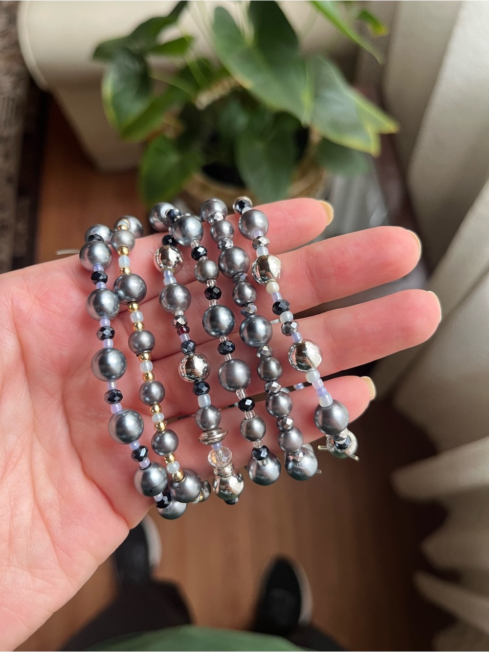 Handcrafted Dark Gray Pearl Beaded Bracelet Set